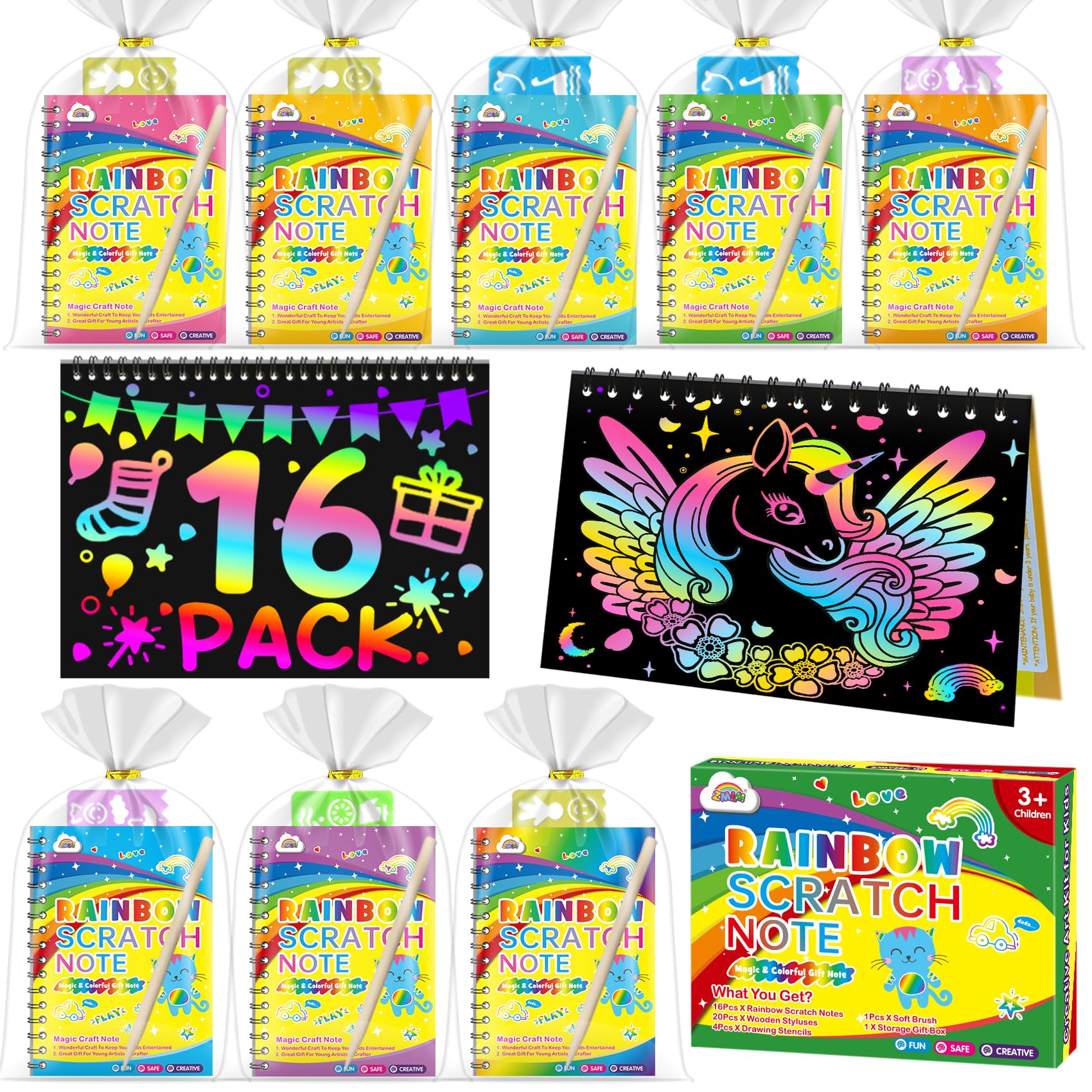 ZMLM Party Bag Fillers for Kids - Scratch Art Party Bag Fillers for Kids, Arts and Crafts for kids Ages 4-9, Rainbow Scratch Books,Easter Gifts,Classroom Birthday Gifts for Girls & Boys (16 Pack)