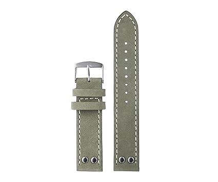 20mm Army Green Luxury Superior Quality Sueded Mens Watches Leather Band Replacement Nubuck Leather with Rivets...