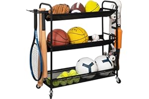 STORAGE MANIAC Basketball Rack 3-Shelf Training Stand Ball Holder Sports Ball Cart Garage Organizer Ball Basket Storage, Ball Rack for Garage or Gym, Indoor & Outdoor Sports Equipment Organizer