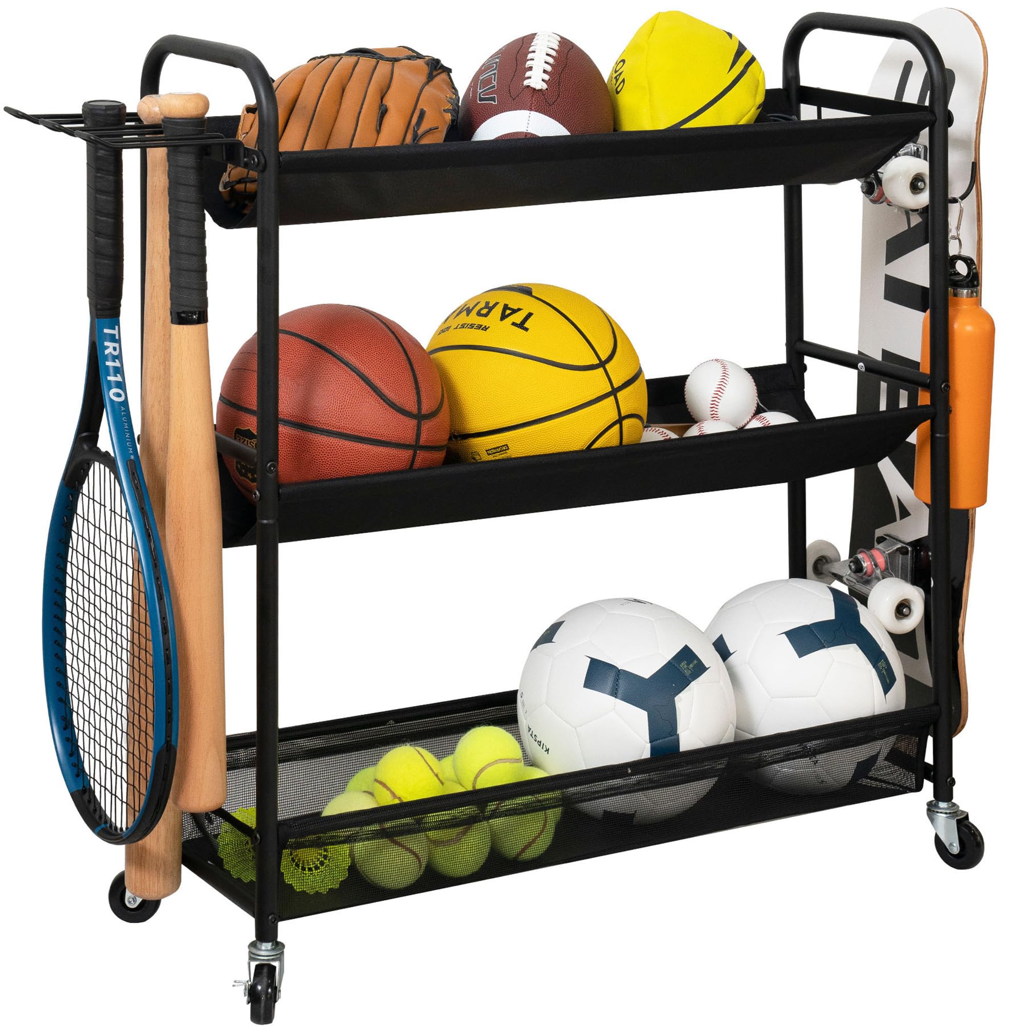 Photo 1 of STORAGE MANIAC Basketball Rack 3-Shelf Training Stand Ball Holder Sports Ball Cart Garage Organizer Ball Basket Storage, Ball Rack for Garage or Gym, Indoor & Outdoor Sports Equipment Organizer