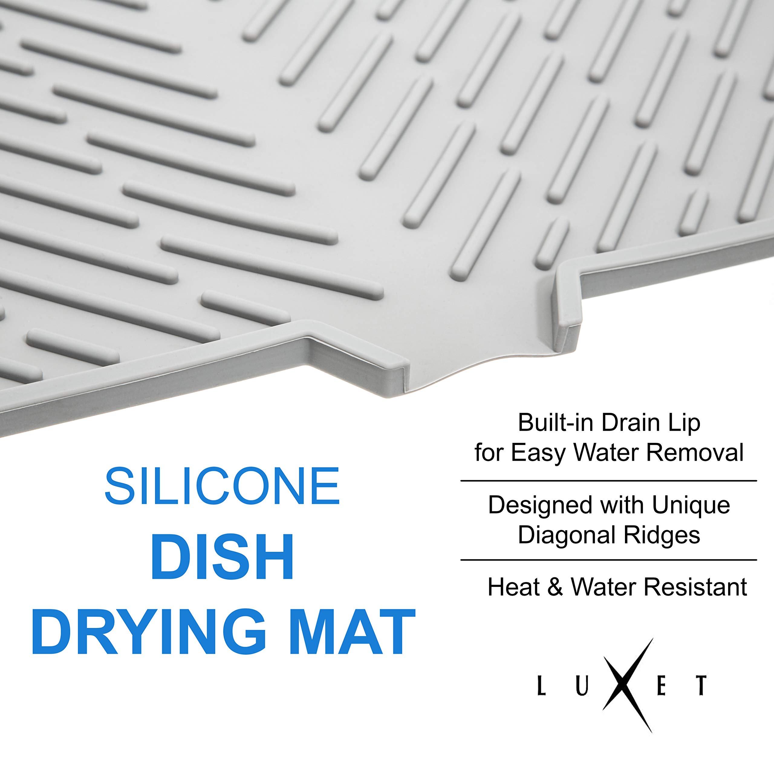 Luxet Silicone Dish Drying Mat with Built-in Drain Lip - Hygienic Drying Pad - Sturdy Compact Easy to Clean Tray Protects Surfaces Prevents Water Build Up - 23 X 17 (Grey)