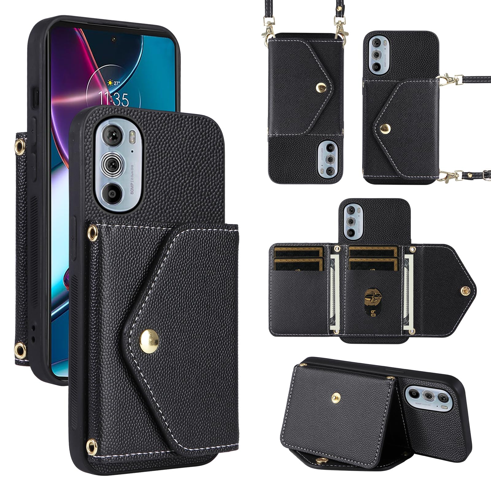 Photo 1 of Dibosom Minimalist Wallet Case for Motorola Edge+ Plus 2022/Edge X30/30 Pro with Shoulder Strap,Thin Slim Flip Purse,PU Leather Credit Card Holder Stand Phone Cover for Moto Edge + 5G UW Women Black