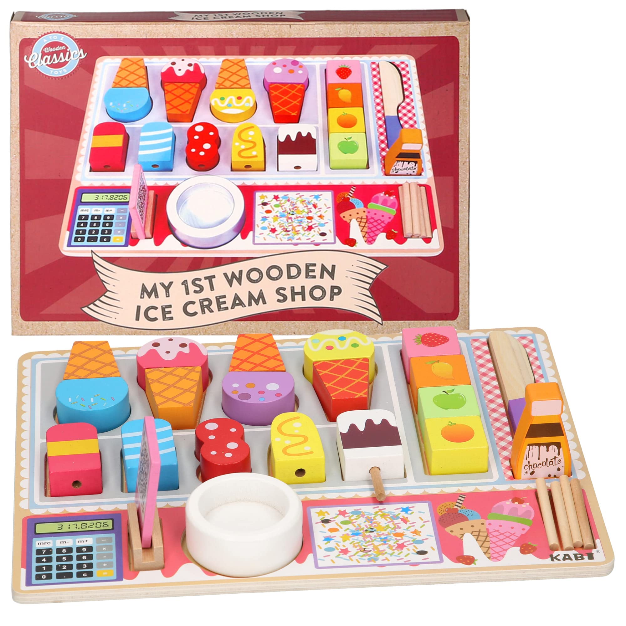 Wooden Classics Kids Ice Cream Shop Playset, Educational Toy with Calculator and Accessories, Pretend Play Set