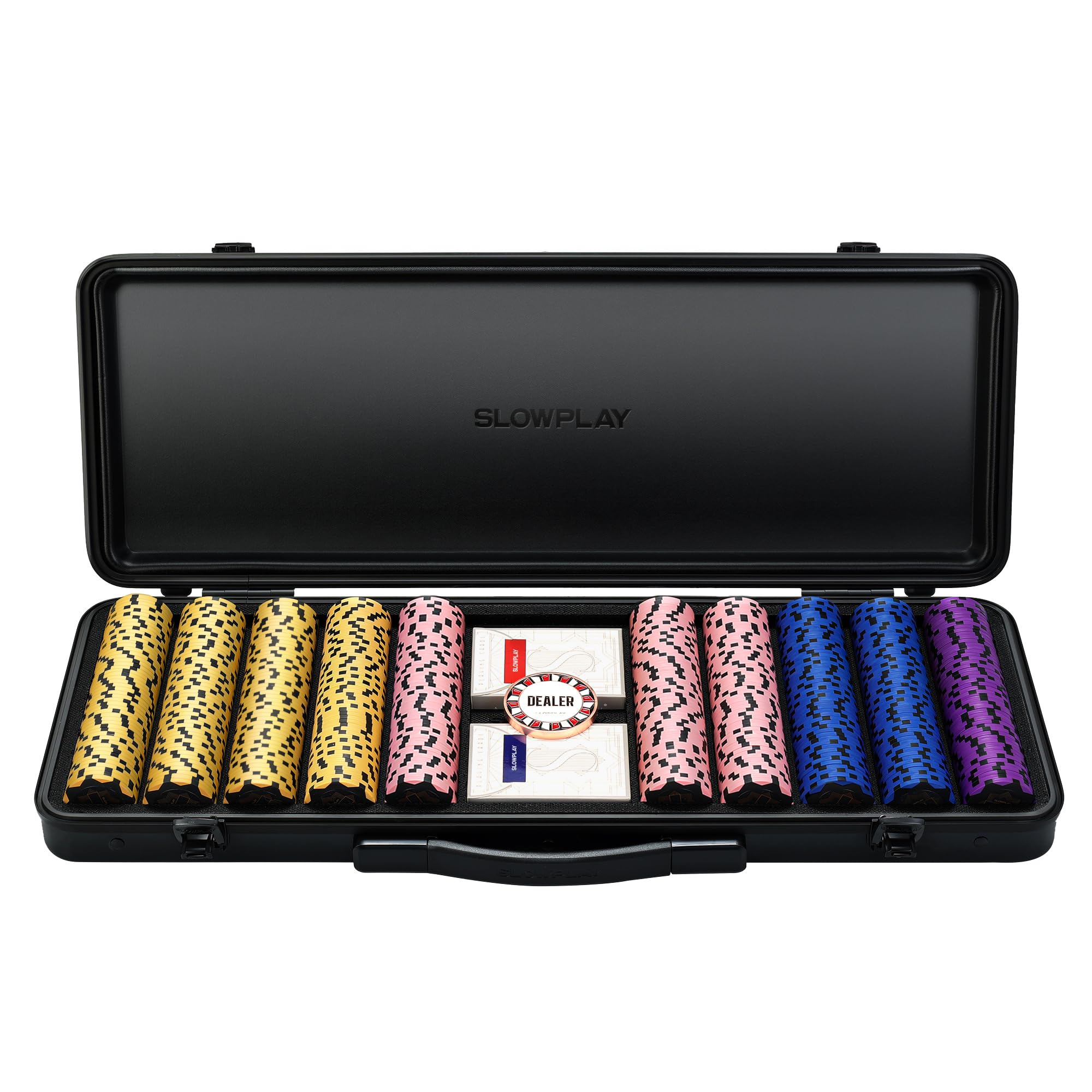 SLOWPLAY Nash 14g Clay Poker Chip Set Black Gold Edition– 500PCS Core Set for Texas Hold’em | Numbered Chips: 5, 25, 100, 500 | Premium Case with Durable German Polycarbonate Shell