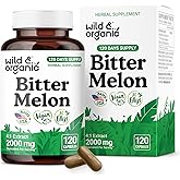 Wild & Organic Bitter Melon Capsules 500 mg - Overall & Digestive Support - Bitter Melon Extract Supplement - Momordica Charantia Capsules - Vegan, No Fillers, Non-GMO - 120 Count