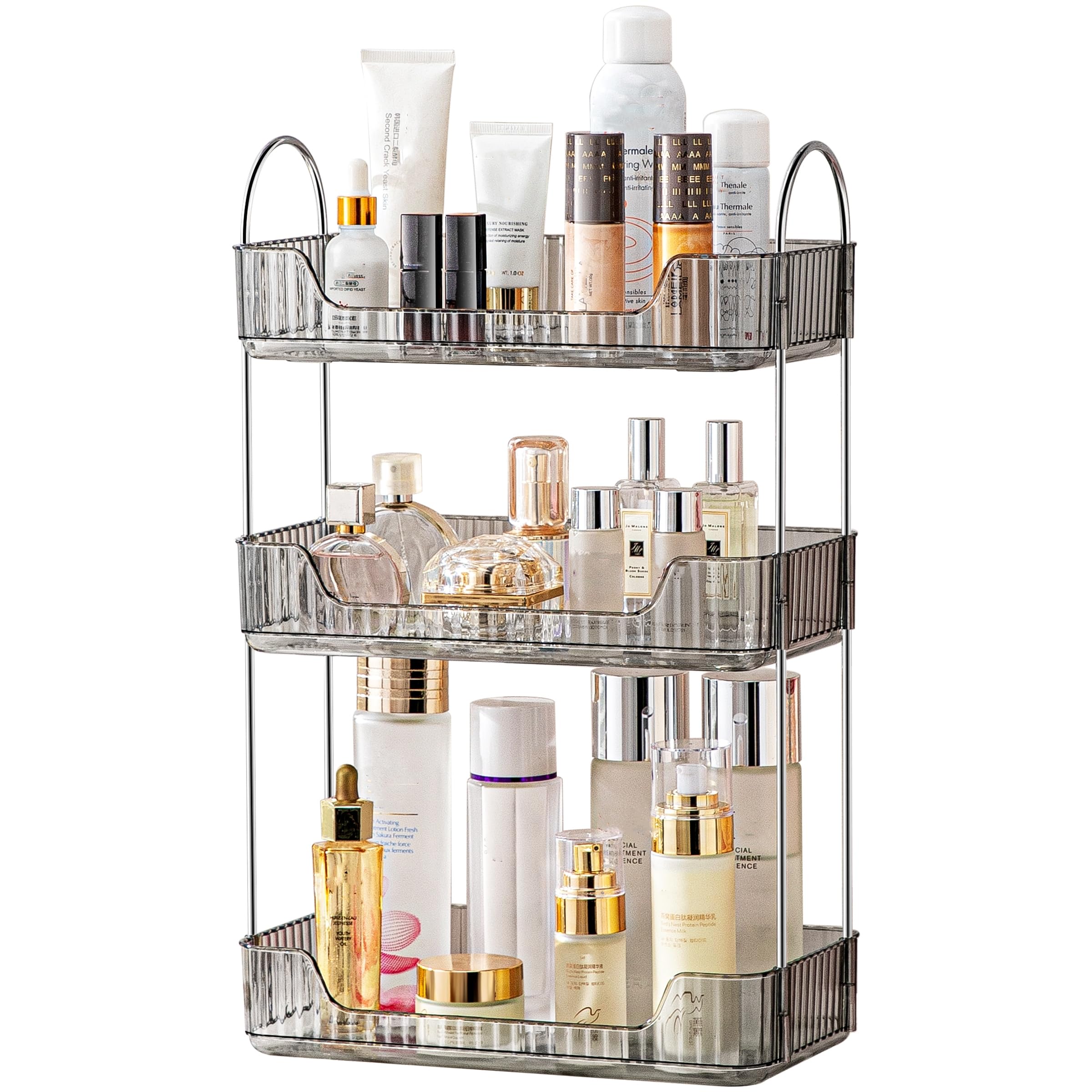 Bathroom Organiser Countertop, Vanity Trays for Bathroom, Skincare Makeup Organiser Shelf, Vanity Organiser, Bathroom Counter Shelf for Cosmetics, Toiletries, Lotions, Perfumes (3 Tiers, Grey)