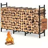 4FT Firewood Rack Holder for Fireplace, Adjustable Log Stand for Storage | Indoor/Outdoor, 8 legs, Black, Heavy Duty Log Stand, For Patio, Weather-Resistant Tubular Stee, Easy Assembly