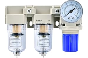 BLCH 1/4" NPT Air Compressor Dryer - Double Air Compressor Filter Air Compressor Regulator AC2000-02 Manual Drain Poly Bowl Gauge 0-160 PSI 5μm Brass