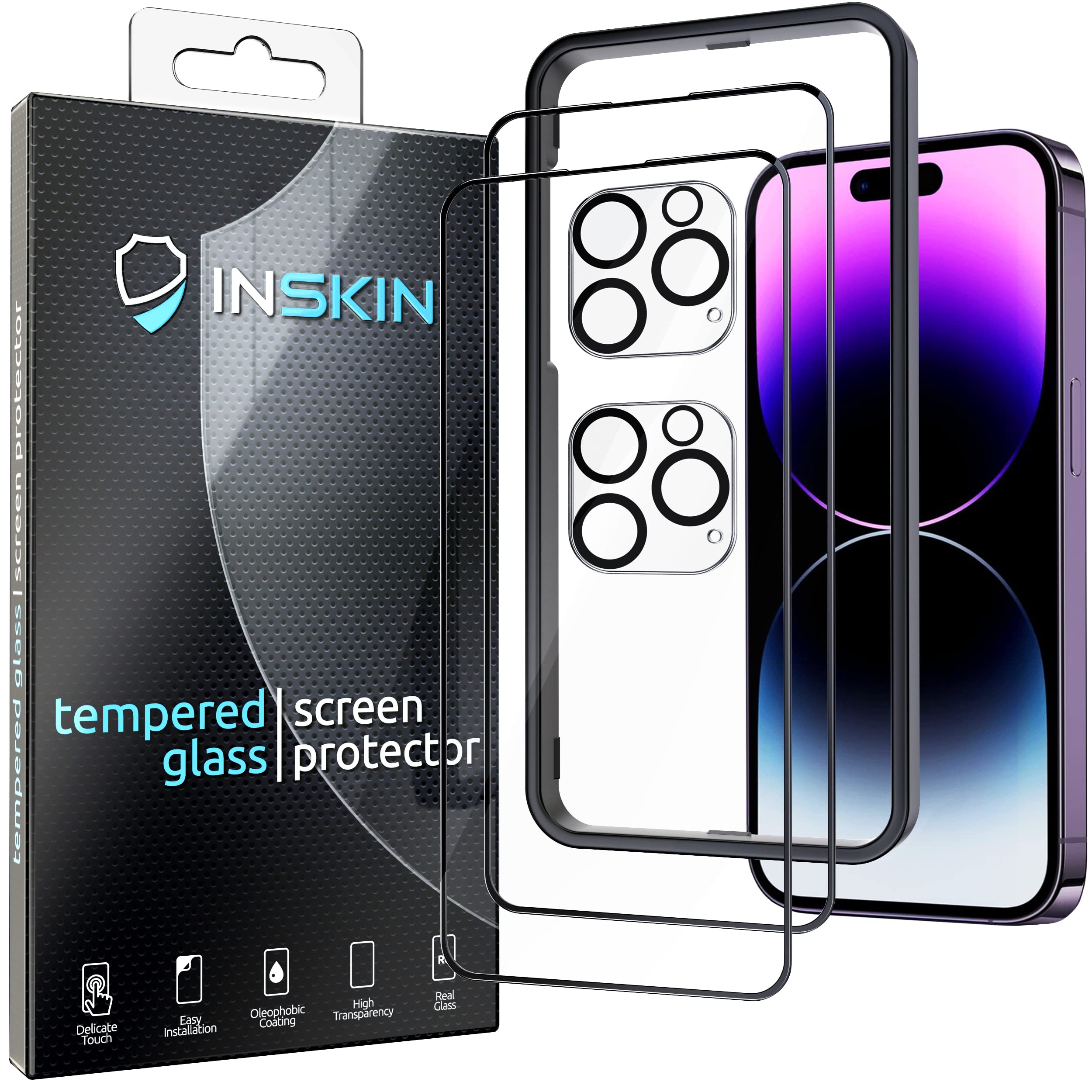 Inskin Matte Antiglare Tempered Glass Screen and HD Clear Camera Lens Protector, fits iPhone 14 Pro 6.1 inch [2022] - 2+2 Pack with Auto Alignment Tool, Case-Friendly, 9H Hardness, Bubble Free