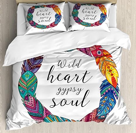 Amazon Com Lunarable Gypsy Soul Duvet Cover Set Wild Heart Gypsy Soul Calligraphy In Colorful Creative Feathers Wreath Decorative 3 Piece Bedding Set With 2 Pillow Shams King Size Multicolor Home Kitchen