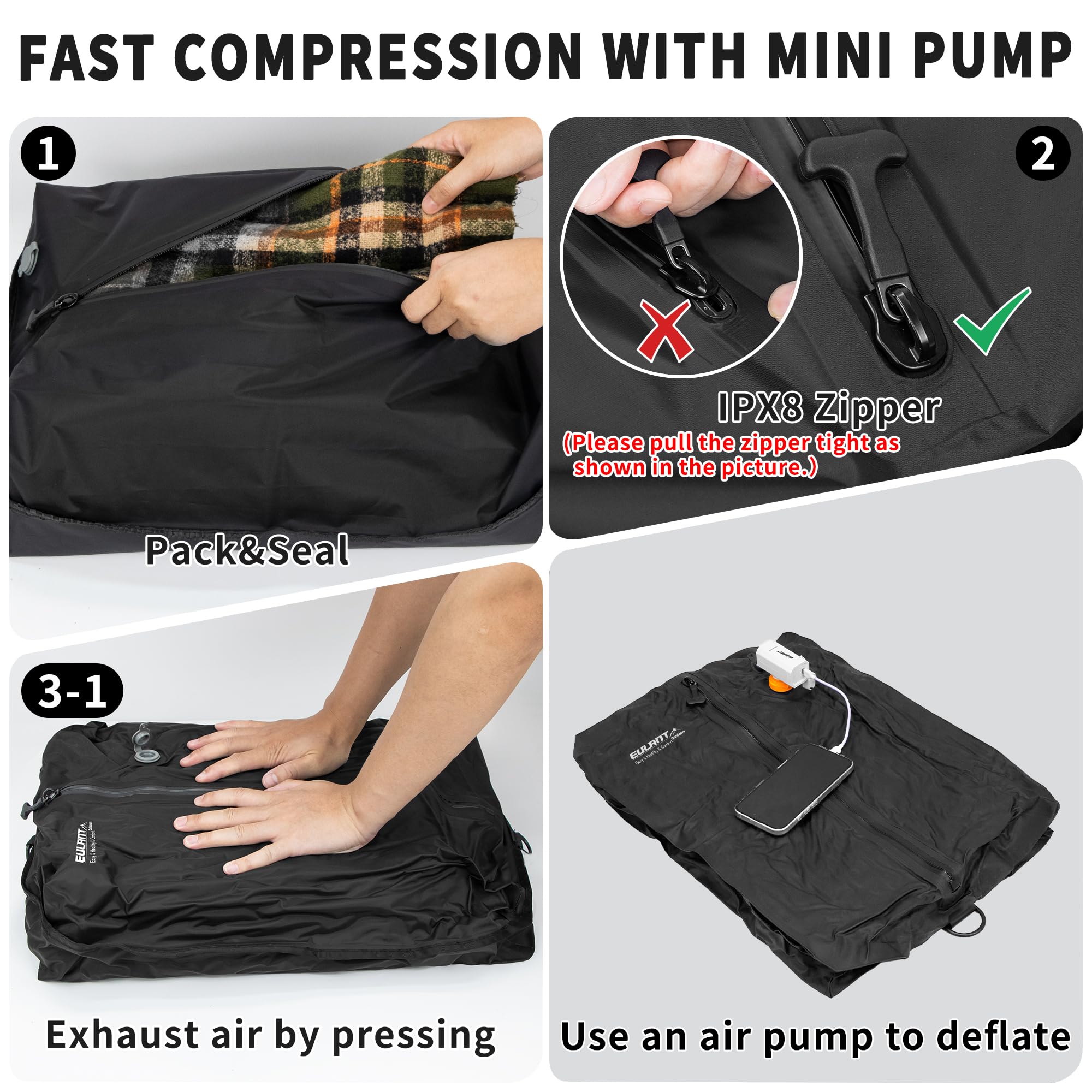EULANT Wasserdicht Vakuumbeutel für Reisen mit Pumpe, Wiederverwendbare Kompressionsbeutel für Koffer/Gepäck/Rucksack, Vakuumversiegelungsbeutel mit IPX8 Luftdichtem Reißverschluss, Schwarz*2 5