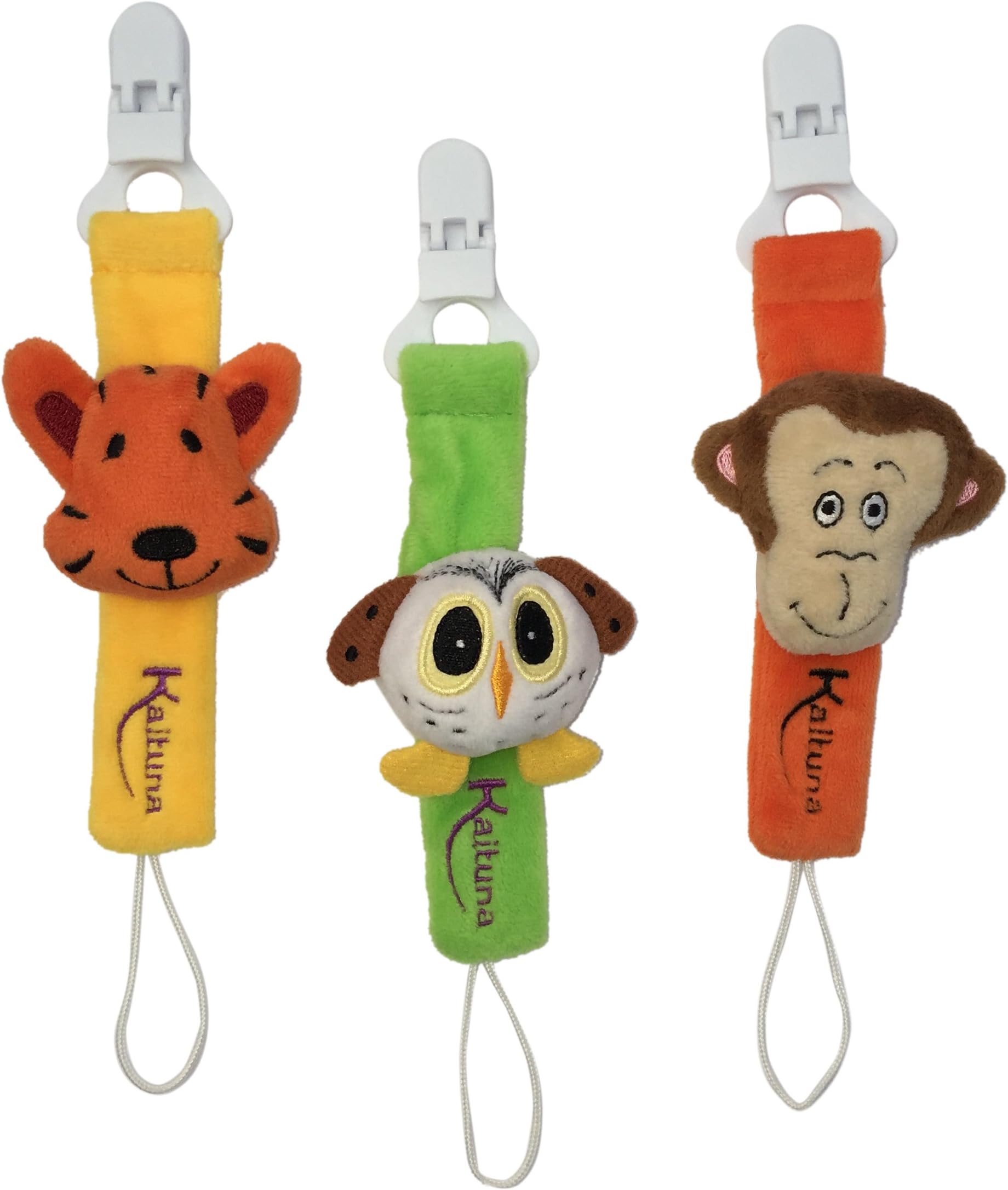 Pacifier Clip by Kaituna - 3 pack - Premium Quality Universal Pacifier Clip - Super Cute Adorable Plush Designs - Soothie Pacifier holder - Bright Sensory Colors - Perfect Baby Shower Gifts