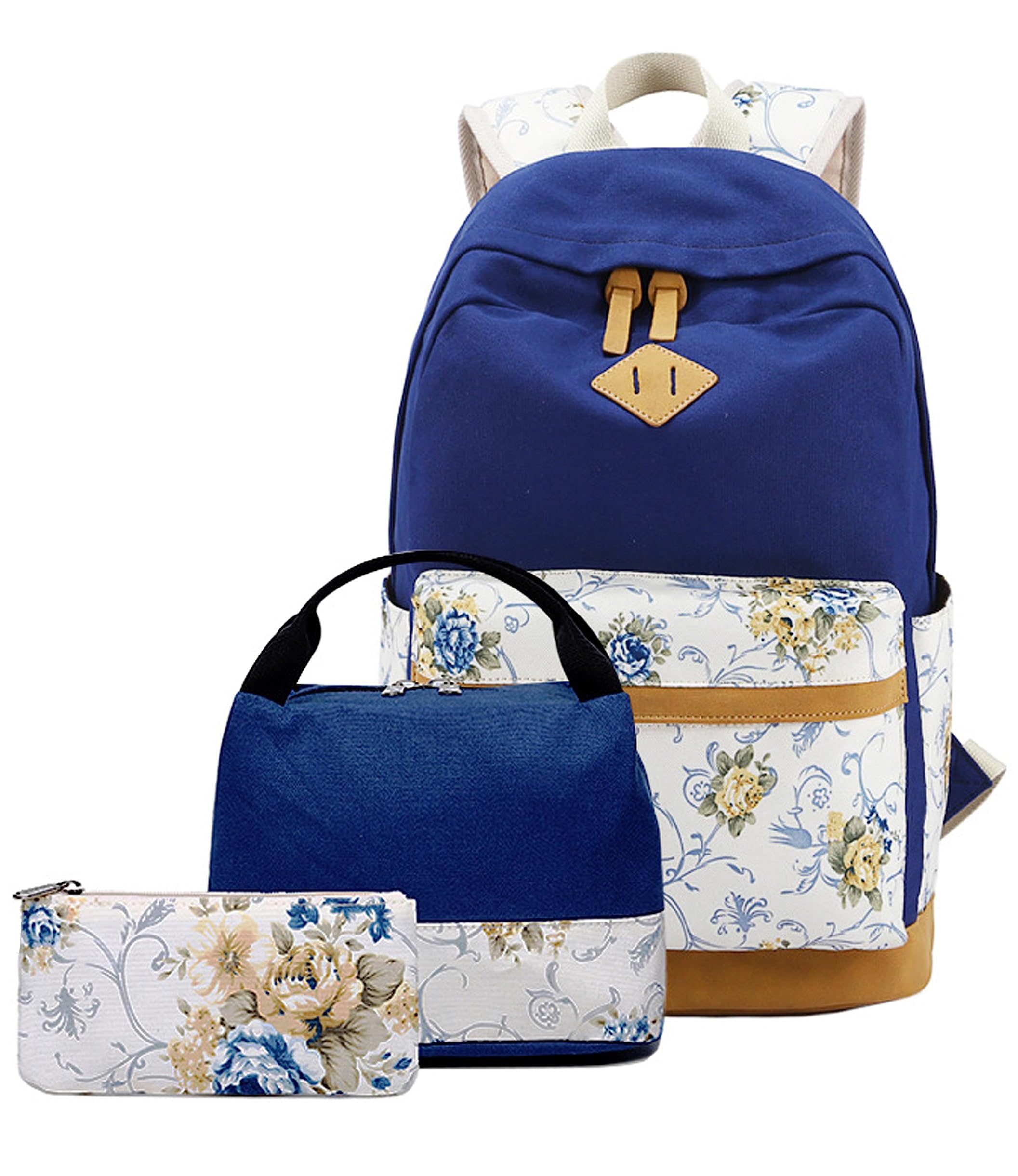 Backpack Set for Girls Canvas Casual Daypack Floral School Bags College Student Laptop Shoulder Bag with Lunch Tote and Purse