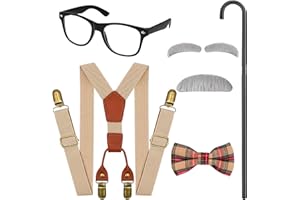 Horolam Kids Old Man Costume, Kids 100 Days of School Costume for Boys with Fake Beard Eyebrow Walking Cane Glasses Suspender
