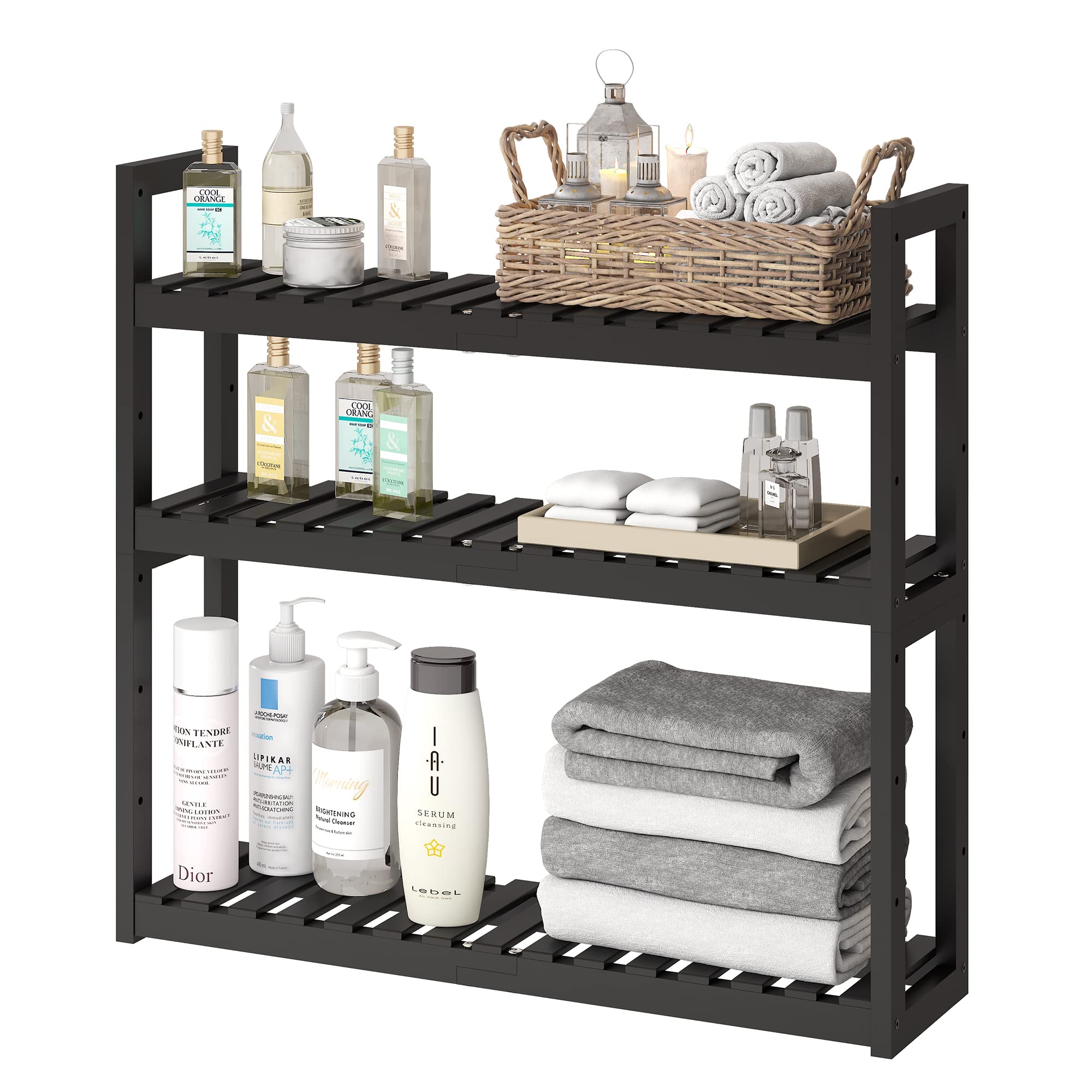 Photo 1 of FILWH Bathroom Shelf Bamboo Organizer Rack Adjustable 3-Tier Storage Shelf Wall Mounted Storage Rack Over The Toilet Utility Shelves Living Room Kitchen Shelf(Black)