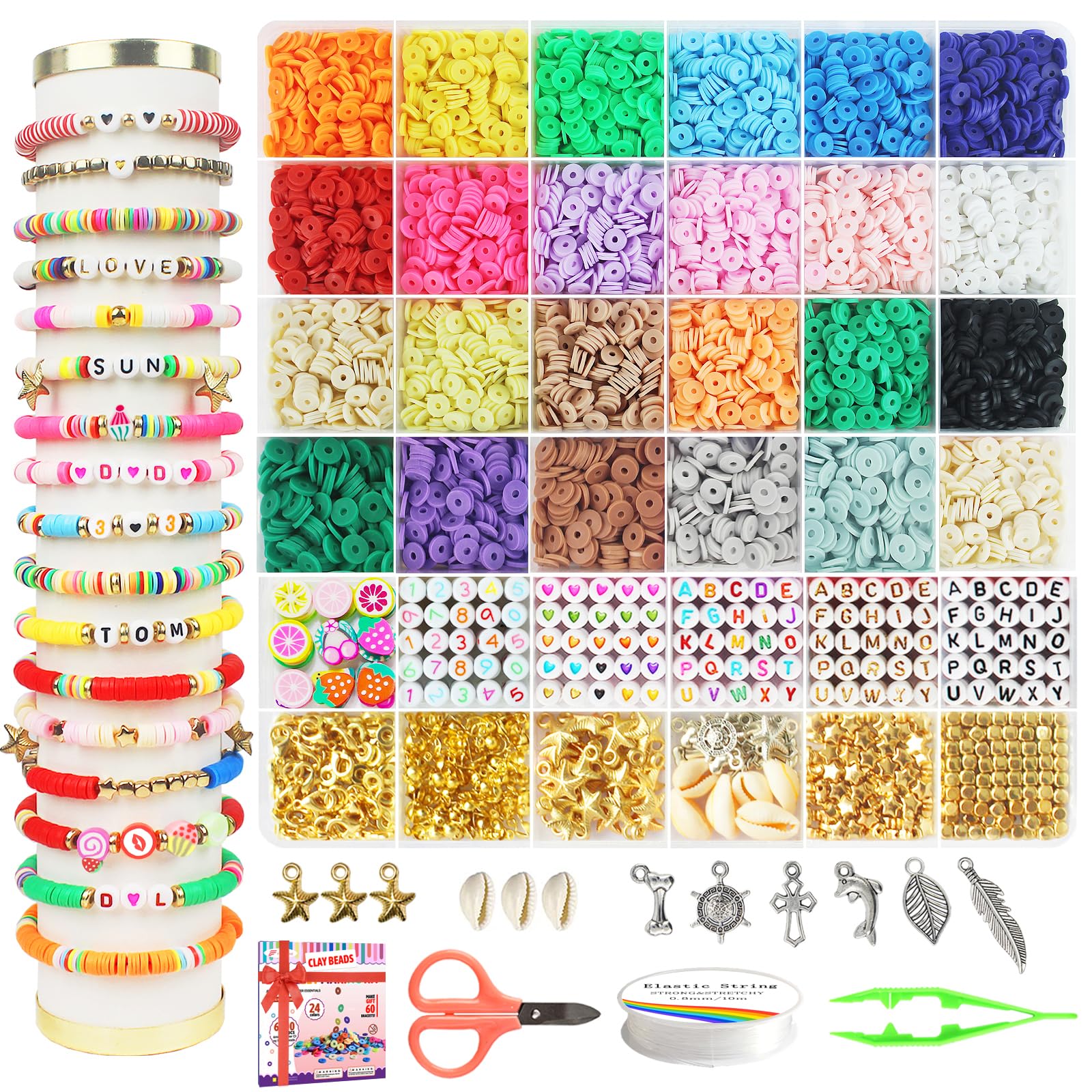 Fournine 6800 Pcs Clay Beads Friendship Bracelet Making Kit, Preppy Flat Polymer Heishi Beads Set for Jewellery Making Kit with Letter Bead and Charms, DIY Craft Gifts for Teen Girls