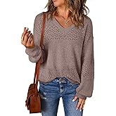 SHEWIN Women's Sweaters Casual Long Sleeve V Neck Crewneck Lightweight Crochet Pullover Sweater Tops