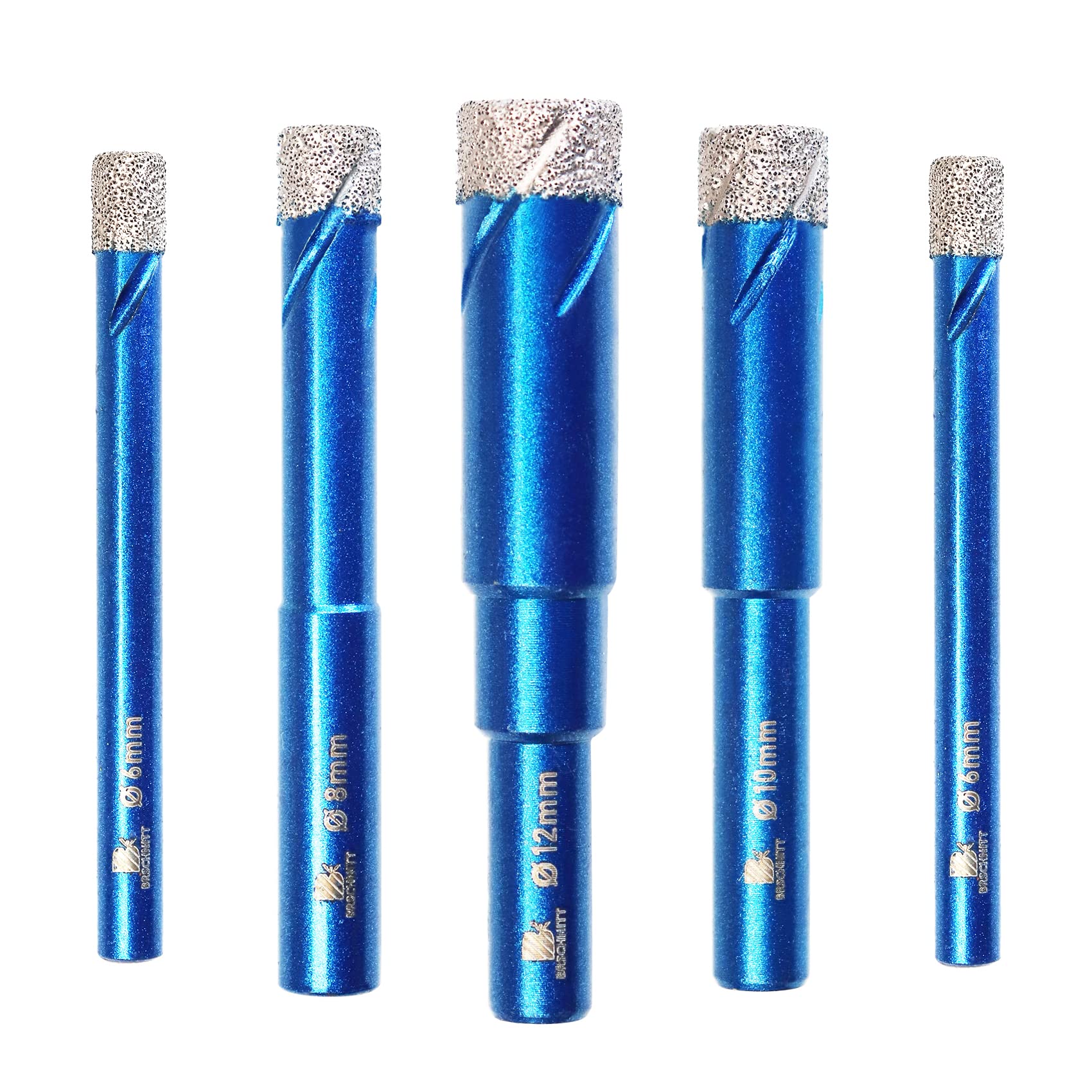 BRSCHNITT Diamond Drill Bit Set - 5pcs 6 6 8 10 12 mm Hole Saw Core With Round Shank for Porcelain Tile Ceramic Stone Granite Marble - Dry Drilling Core Bit Kit