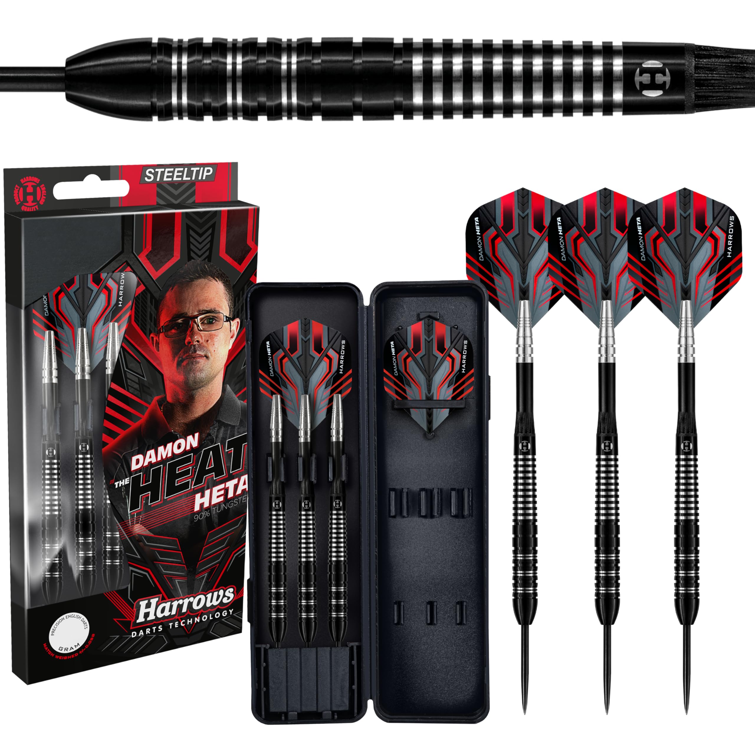 Harrows Damon Heta 90% Tungsten Steel Tip Darts Set 21g, 23g & 25g - Includes Black Alamo Shafts, Damon’s Signature Harrows Flights & Travel Case (21g)