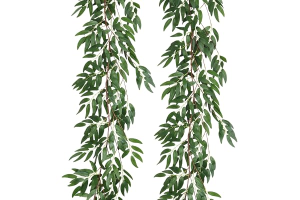 RECUTMS 2Pcs Fake Willow Leaves Vines 5.9Ft Artificial Hanging Greenery Garland Faux Ivy Twigs Plants Silk Leaf Rattan for We