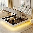 Lift Up Storage Bed Frame Full Size Floating Bed Frame with Adjustable Headboard/LED Lights/Charging Station/Outlet,Velvet Upholstered Tufted Platform Bed Frame/Wooden Slats/No Box Spring Needed,White