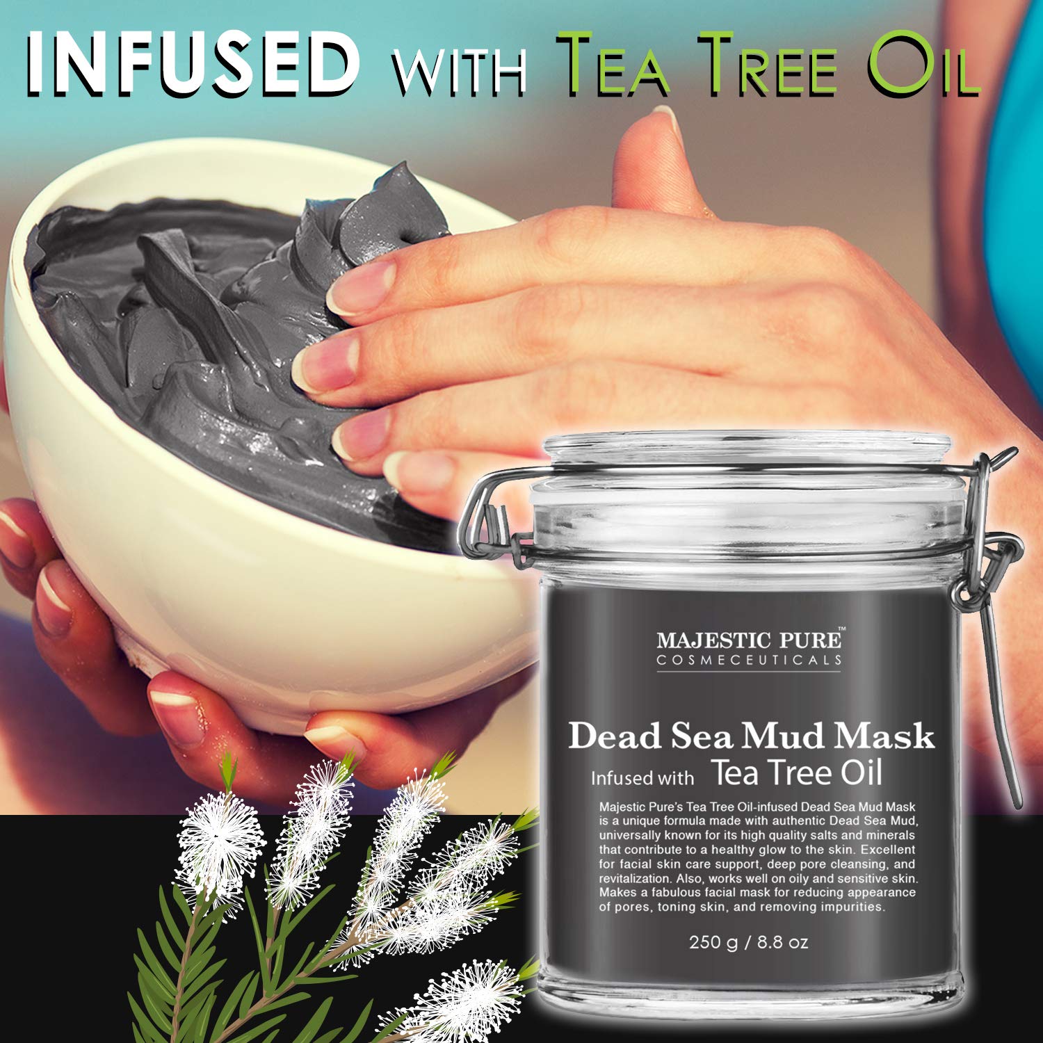 MAJESTIC PURE Dead Sea Mud Mask Infused With Tea Tree Oil - Supports Acne Prone and Oily Skin, for Women and Men - Fights Whitehead and Blackhead - Helps Reduce the Appearances of Scars - 8.8 oz : Beauty