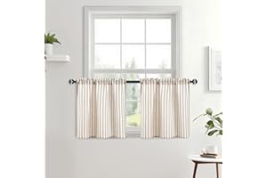 JIUZHEN Striped Linen Kitchen Curtains 2 Panels - Short Tier Drapes with Rod Pocket, Farmhouse Cafe Curtains for Small Window