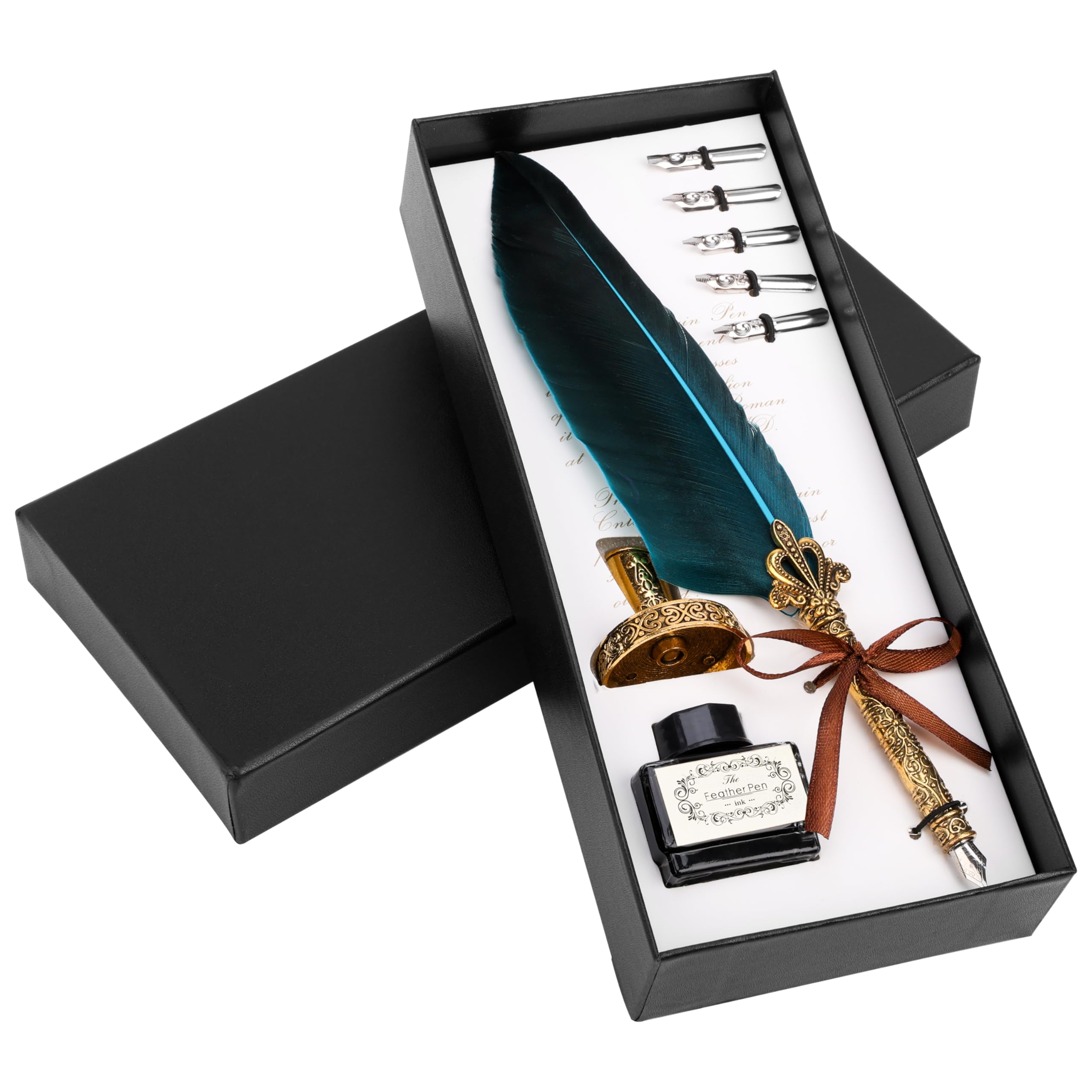 BELLE VOUS 8 Piece Calligraphy Blue Feather Pen Set with Holder, Ink Bottle and Nibs - Ink Dip Quill Feather Writing Pen with Black Ink, 5 Assorted Nibs & Holder - Ideal for Beginners and Adults