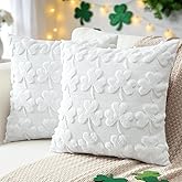 Artscope St Patricks Day Clover Pillow Covers 18x18 Set of 2 Decorative Shamrock St Patricks Day Throw Pillow Cases Soft Plush Faux Fur Couch Cushion Case for Holiday Sofa Bed Room Home Decor-White