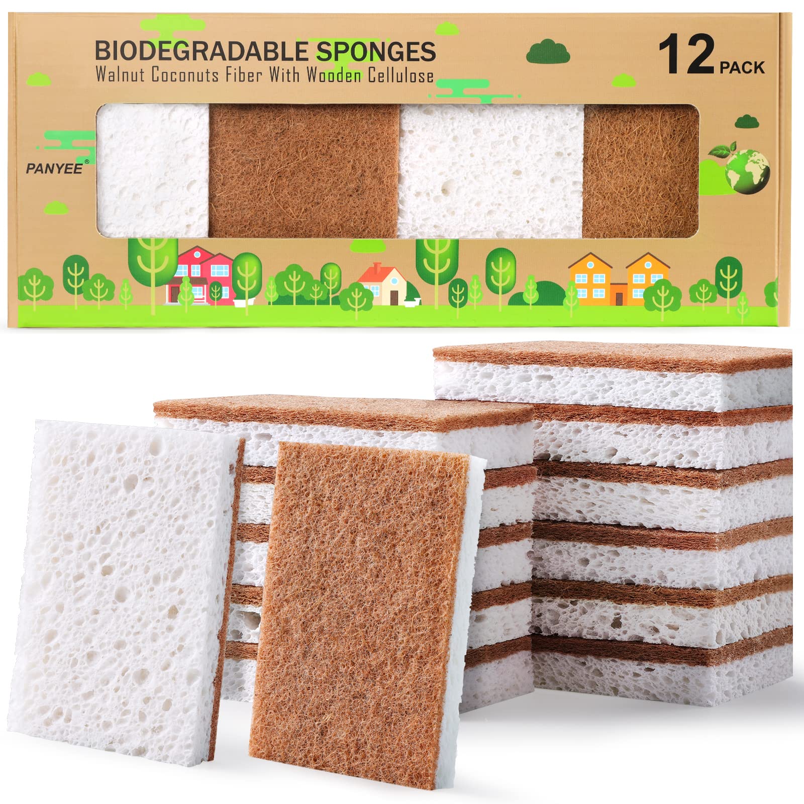 Photo 1 of PANYEE Biodegradable Natural Kitchen Sponge?Eco Friendly Sponges for Dishes,Compostable Cellulose Sponge with Natural Plant Based Coconut Walnut Sustainable Scrubber Pack of 12