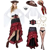 Chicingyou 11 Pcs Women Pirate Costume Outfit, Renaissance Pirate Skirt Costume Jewelry Set for Women Halloween Cosplay