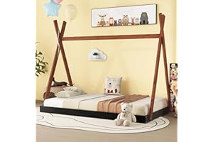 Bellemave Twin Size Tent Floor Bed Frame with Triangle Structure, Teepee Bed Platform Bed for Kids,Montessori Floor Bed for Girls Boys(Twin,Black+Brown)