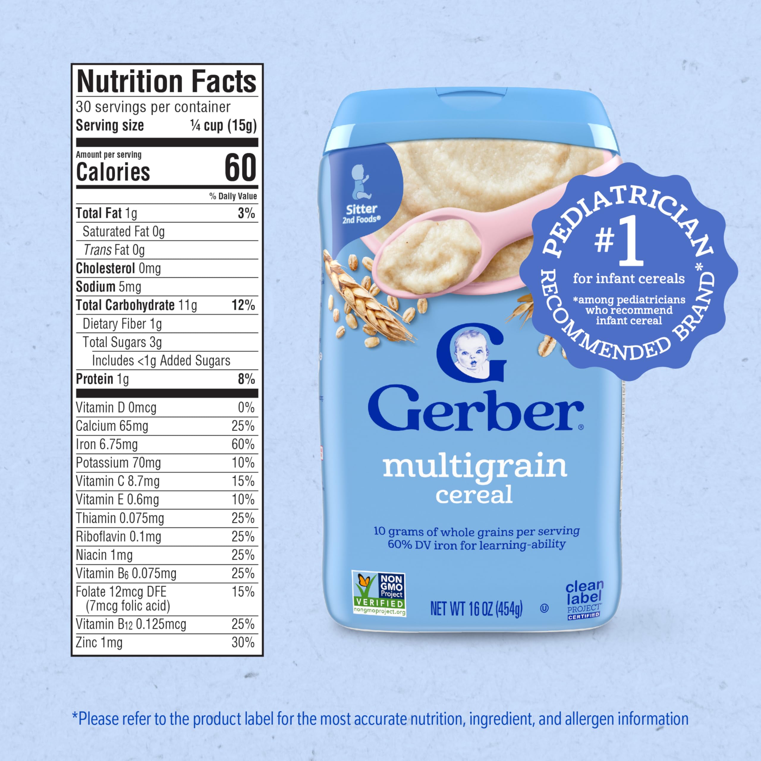 Gerber Stage 2 Baby Food, Multigrain Cereal, Whole Grains, Iron, Zinc & Vitamin B12, Baby Cereal, 6-Pack