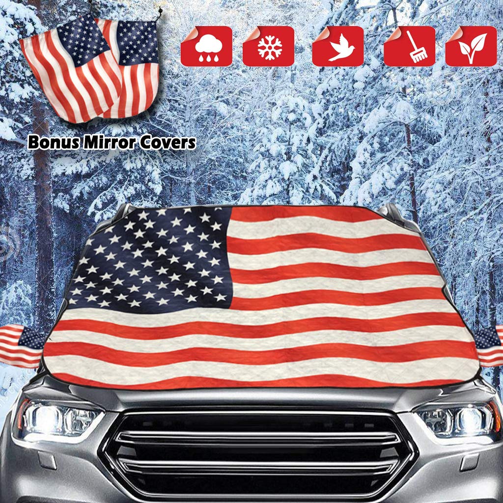 Big Hippo Windshield Snow Cover, American Flag Windshield Cover and Mirror Covers for Storage Ice Protector Windproof Car Cover in All Weather, Fit for Cars, Trucks, SUV, Vans Vehicle