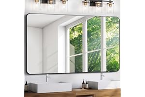 FORBATH Large Bathroom Mirror 60x36 Inches, Black Oversized Wall Mirror for 2 Sinks Aluminum Frame Wall Mounted Rounded Corne