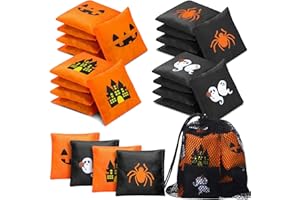 LaRandom 21 Pcs Cornhole Bean Bags with Black Mesh Drawstring Bag 2 x 2 Inch Haunted House Spiders Pumpkins Orange Black Beanbags for Toss Party Toy Throwing Games