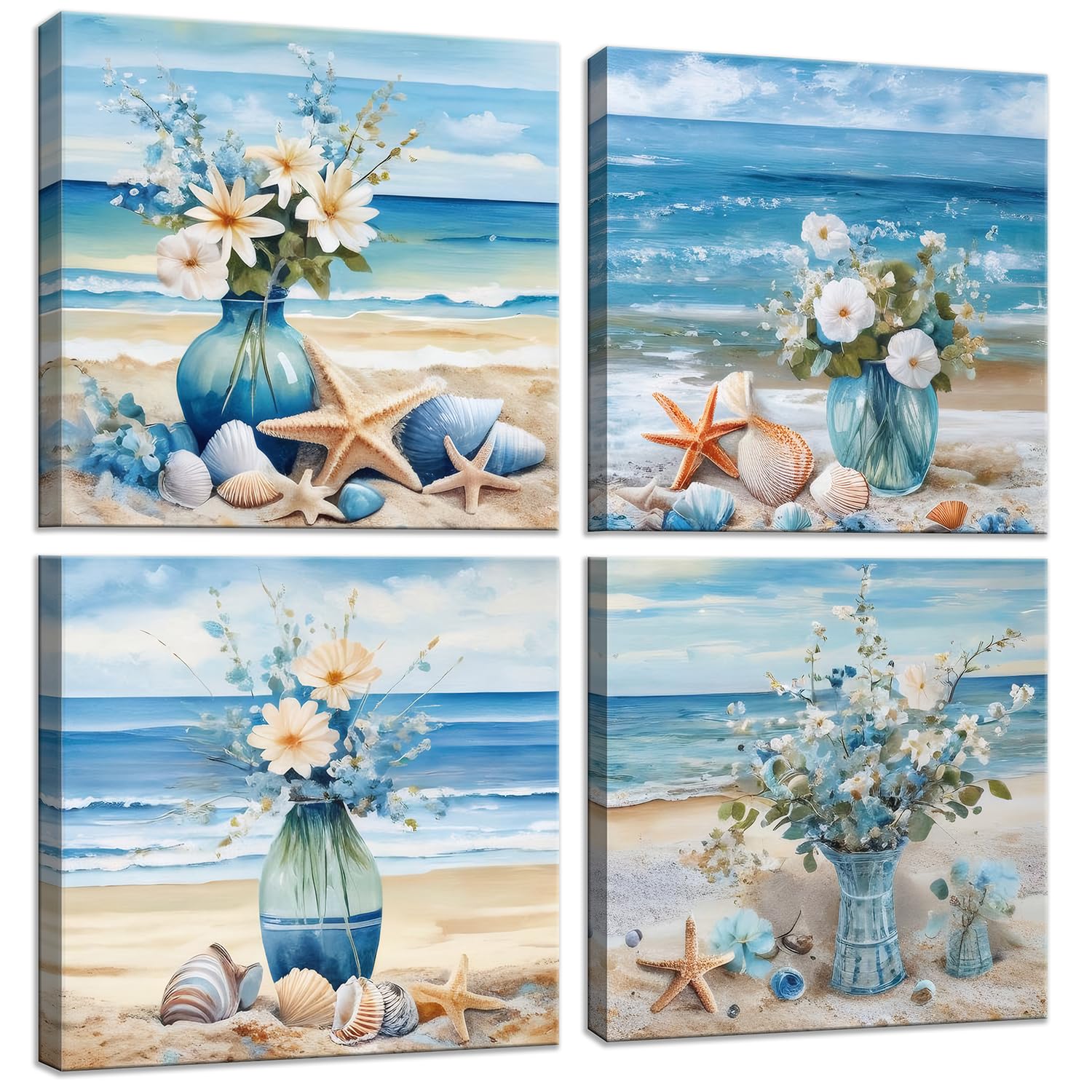The Mode Art Seashell and Starfish Wall Art 4 Pieces Beach Themed Blue ...