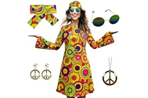 MRYUWB 70s Hippie Dress Costumes Necklace Earrings Sunglass Women Disco Outfit, 60s Party Costume, Halloween Retro Dresses