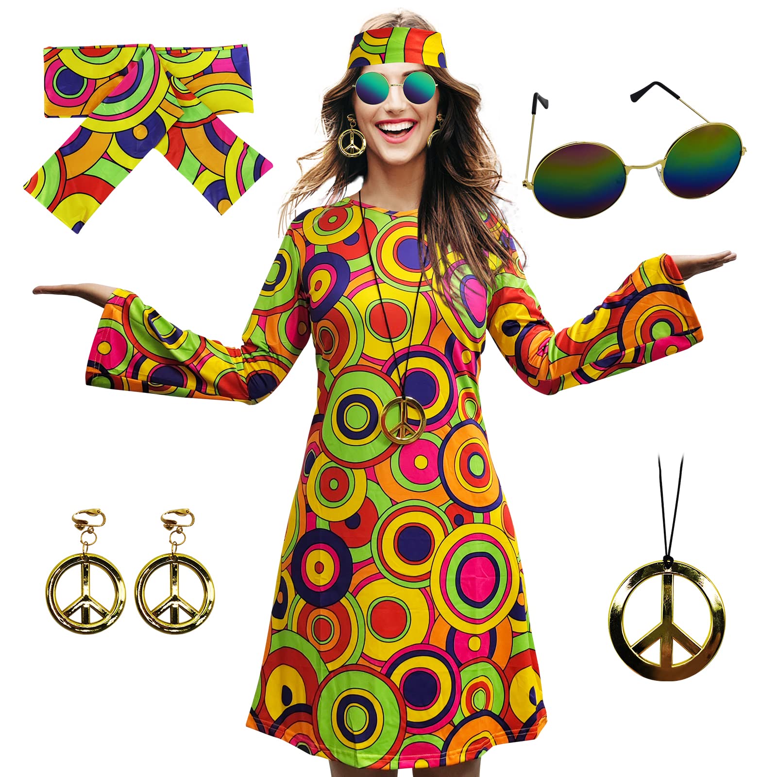 MRYUWB 70s Hippie Dress Costumes Necklace Earrings Sunglass Women Disco Outfit, 60s Party Costume, Halloween Retro Dresses (Vintage Disc, M), (F0154) — image 1