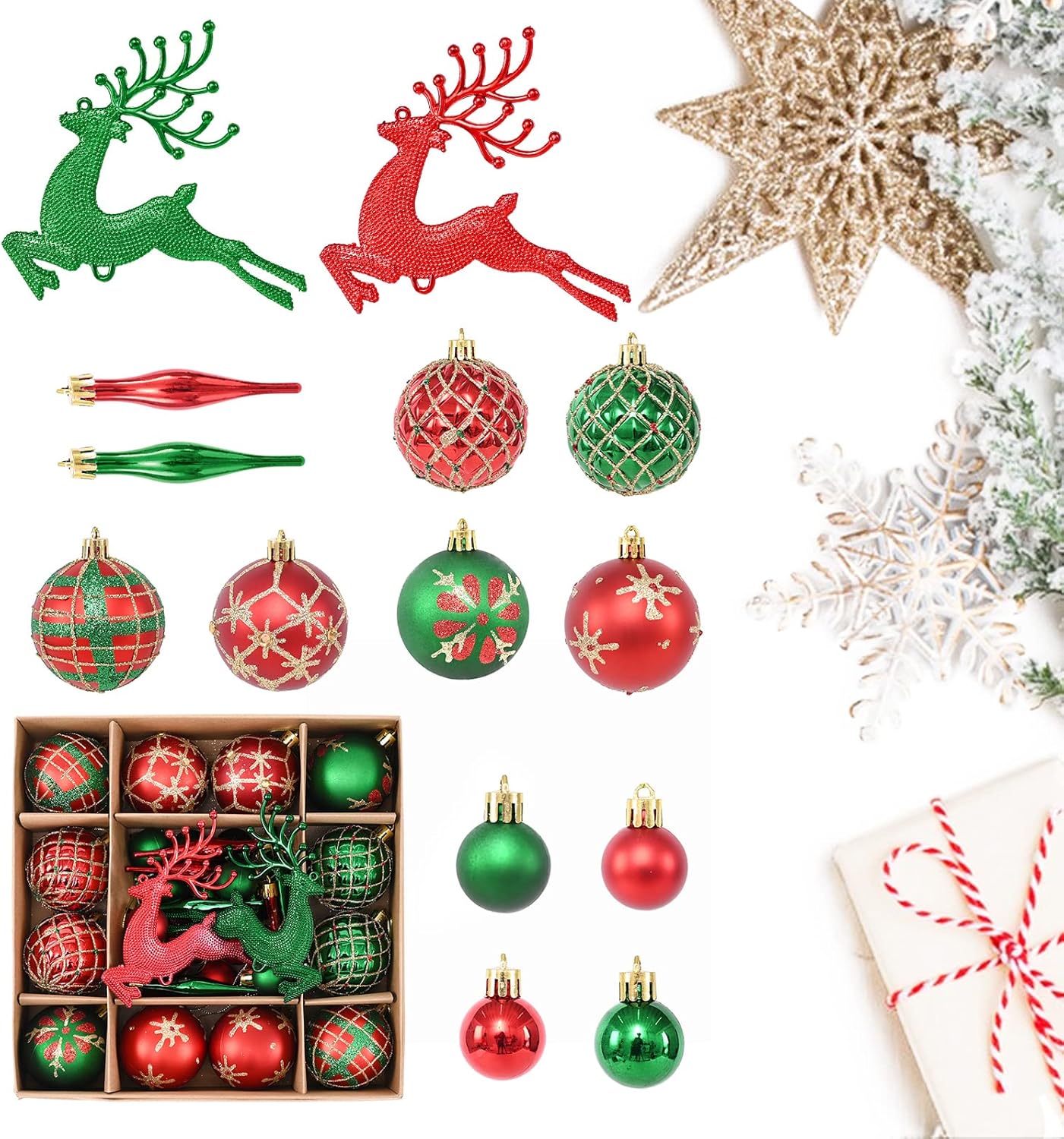 Ornaments - Green Red Christmas Balls Ornaments, 38Pcs Red Green Christmas Tree Ornaments with Christmas Deer, Xmas Tree Water-Drop Shaped Pendant Decorations for Xmas Tree Holiday Wreath Garland Decor Ornaments