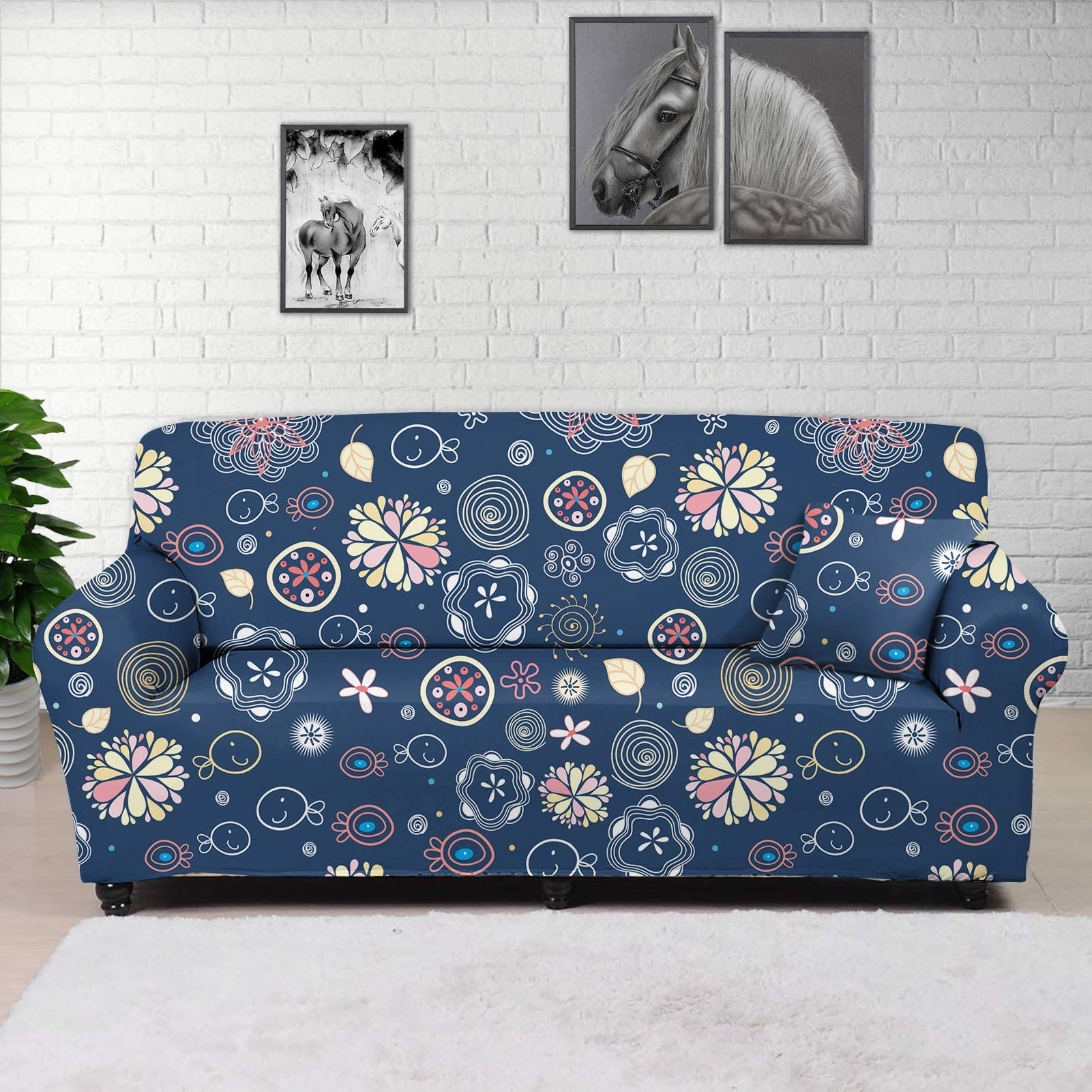 HUGS IDEA Modern Floral Cute Abstract Flower Elegant High Stretch Sofa Slipcover Strap Sofa Cover Couch Furniture Protector Elastic for Dogs, Cats, Kids Sofa-2 Seater