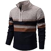 TebYIA Mens Sweate Quarter Zip Striped Pullover Color Block Knit Sweaters for Men, Long Sleeve Casual Polo Sweatershirt