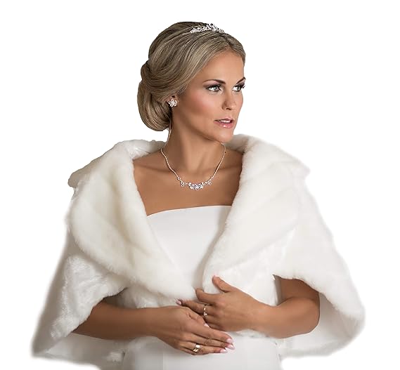 Unbekannt Bolero Cape Poncho Fell Pelz Bolero Stola Kunstpelz Brautjacke Ivory Creme Jacke Brautbolero