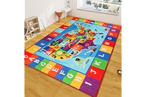 Mfmiudole USA Map ABC Kid Rug 10'×6.7' Educational Baby Playmat for Playroom Primary School Nylon Surface Non-Slip Latex Backing Preschool Rugs for Classroom Learning Area