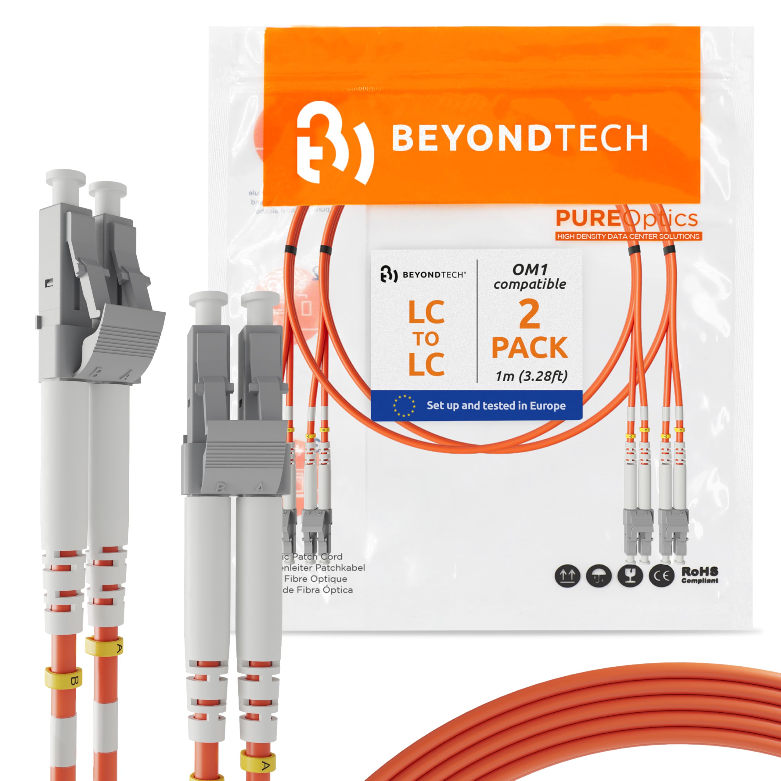 LC to LC Multimode Fibre Patch Cable Duplex - 1M - (LSZH) 62.5/125um OM1 (2 Pack) - Beyondtech PureOptics Lead Series