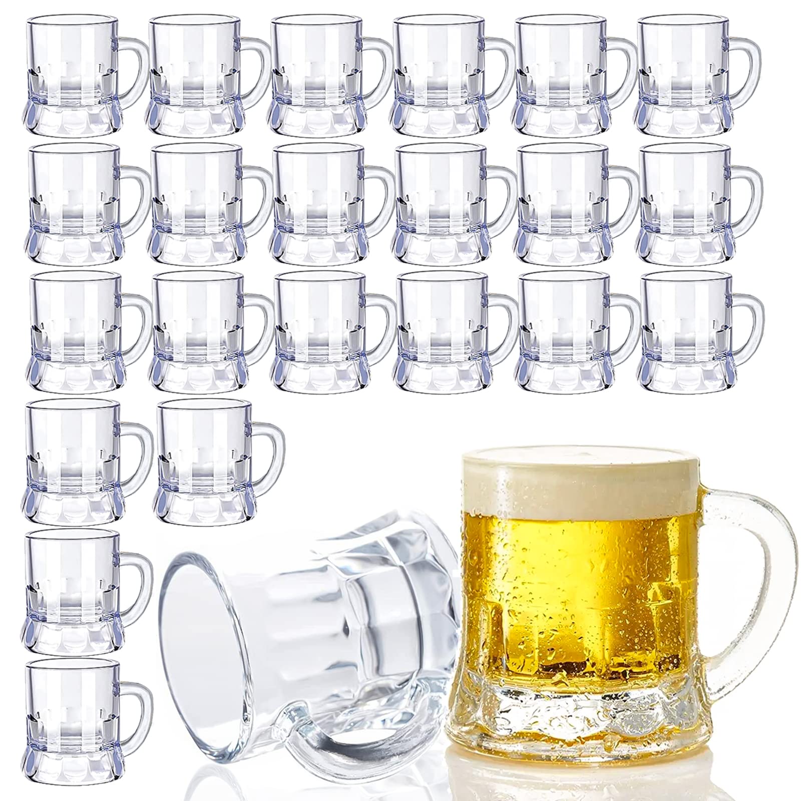 Photo 1 of **Out of this 24 pack, 2 shot glasses are currently broken. Please see all photos attached. **

JUXINGDAZYF Plastic Beer Mug 2 Oz, 24 PCS Mini Beer Mug Shot Glasses, Heavy Base Clear Mini Beer Mugs, Small Plastic Shot Cups for Party Drink, Beer, Whiskey, 