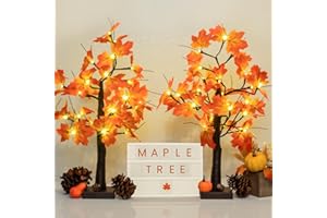 ALFANITE 2 Pack Fall Lighted Maple Tree, 48 LED Lights, USB+Battery Operated 24-inch Thanksgiving Table Centerpieces Decoration Artificial Tree Fall Decorations for Office Home Tabletop Indoor Decor Kitchen