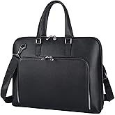 Masa Kawa Black Leather Slim Briefcase for Men Women Fits 15.6-16 Inch Laptop Professional Business Messenger Crossbody Shouder Bag Lawyer Ladies Office Work Brief Attche Case, Large