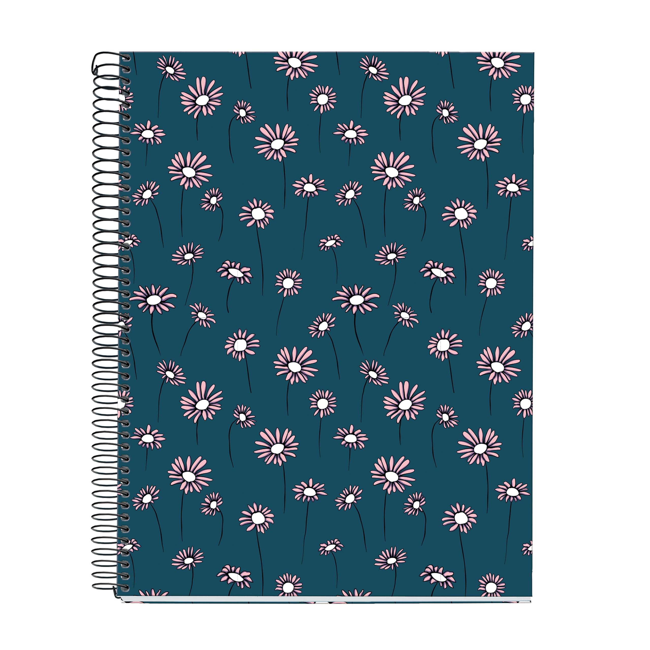 Miquelrius - Notebook A4 (210 x 297 mm), 5 mm grid, 120 sheets of 70 g/m², cardboard cover, 4 coloured stripes, black spiral, Happy Daisies collection, Blue daisies