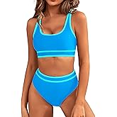 BMJL Women's High Waisted Bikini Sets Sporty Two Piece Swimsuits Color Block Cheeky High Cut Bathing Suits